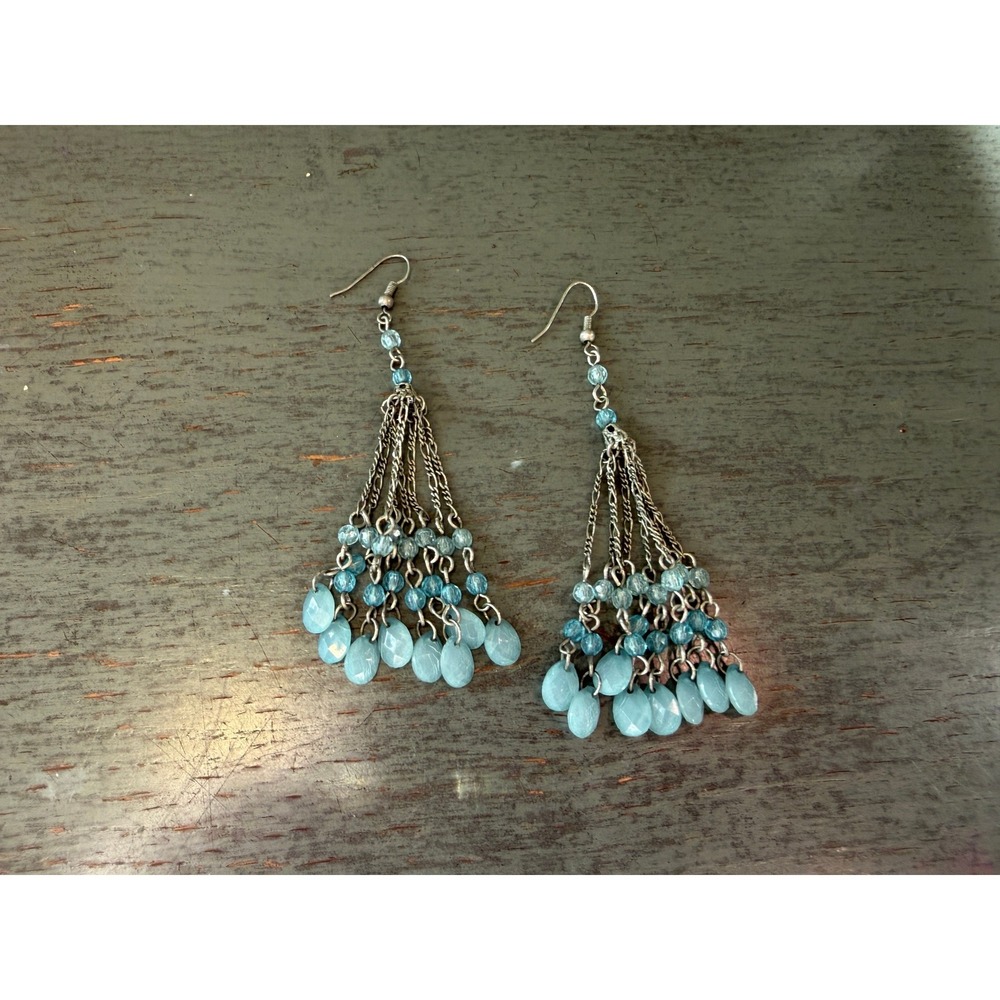 Boho Blue Beaded Chandelier Earrings Silver Tone Tiered Dangle Drop 3 Inch